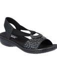 Women's Rieker 60880 Backstrap Sandal in black with medallion detail and rhinestone accents, ideal for summer comfort and style.