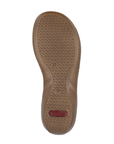Brown wave pattern tread of sandal outsole with red Rieker logo stamped in heel.