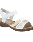 White sandal with beige accents on toe strap, tan Rieker logo'd footbed and brown outsole.
