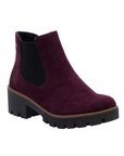 Deep purple suede Chelsea boot with black elastic goring and chunky black lugged low heel outsole.