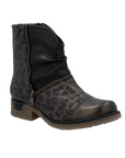 Women's ankle boot in leopard and black with asymmetrical faux zipper and low heel.