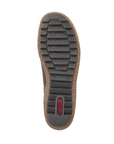 Black treaded outsole with brown outline and red Rieker logo on heel.