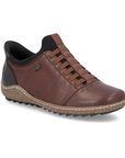 Brown leather slip on shoe with black accents, faux elastic lace details and a treaded black outsole.