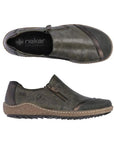 Pair of Green slip on leather shoes with zipper closure, darker green accents, black Rieker logo'd footbed with a brown midsole and black outsole.