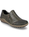 Green slip on leather shoe with zipper closure, darker green accents with a brown midsole and black outsole.