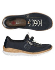 Pair of slip-on sneaker in dark navy with bungee laces, decorative side zipper, tan Rieker logo'd footbed, faux cork midsole and white outsole.