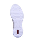 White light textured outsole with red Rieker logo on heel.