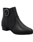 Black ankle boot with decorative bead buckle and low heel.