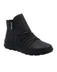 Black ankle boot with side zippers, scrunched accents on foot and thick rubber outsole.