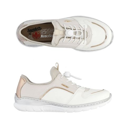 Top and side views of Women's Rieker L3294 Slip-On Sneaker showing breathable mesh upper, bungee laces, and flexible sole design.
