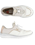 Top and side views of Women's Rieker L3294 Slip-On Sneaker showing breathable mesh upper, bungee laces, and flexible sole design.