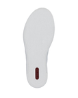 White light treaded outsole of sneaker with red Rieker logo on heel.