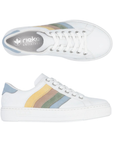 Pair of White sneakers with colorful rainbow stripes on side, white laces, grey Rieker logo'd footbed and white outsole.