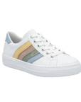 White sneaker with colorful rainbow stripes on side, white laces and white outsole.