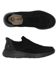 Pair of black slip on mesh sneaker with tan Rieker logo'd footbed and a black rubber outsole.