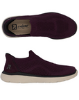 Pair of Burgundy slip on mesh sneakers with tan Rieker logo'd footbed and beige rubber outsole.