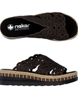 Pair of Brown perforated slide sandals with small black rhinestones, black Rieker logo'd footbed, brown cork midsole with partial jute wrap, black line pattern and a thick black outsole.