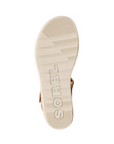 Outsole of Women's Sorel Cameron Wedge Sandal featuring durable rubber with bold SOREL branding and deep grooves for traction.