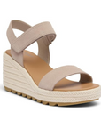 Women's Sorel Cameron Wedge Sandal in taupe suede with adjustable strap, cushioned footbed, and espadrille-style wedge sole.