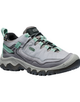 Women's KEEN Targhee IV WP Hiking Shoe in gray with teal accents, featuring waterproof design and rugged sole for outdoor adventures.