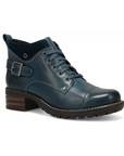 Blue leather lace-up boot with a buckle at heel and brown low block heeled outsole.