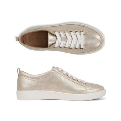 Top and side view of champagne Winny Sneaker - Leather Lace-Up. Combines fashion-forward style with comfort technology.