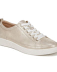 Shimmery soft gold casual sneaker with white laces and white rubber outsole.