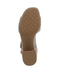 Textured tan outsole on block heel with Vionic logo stamped in middle