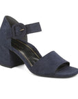 Navy blue textured leather block heel with square open toe, decorative buckle on velcro ankle strap and a black Vionic logo'd footbed.