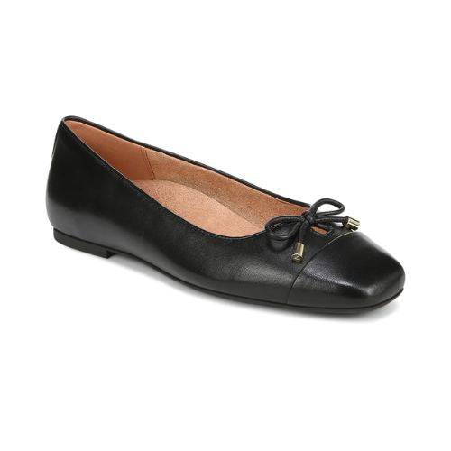 Women's Vionic Klara Ballerina Flat in black leather with square toe and bow detail, offering orthotic support and stylish comfort.