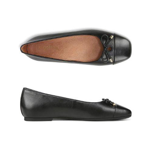 Top and side views of Women's Vionic Klara Ballet Flat showcasing sleek black leather, cushioned insole, and elegant bow accent.