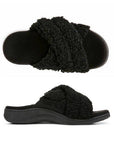 Side and top views of Women's Vionic Relax II Slipper showcasing ergonomic sole and soft terrycloth upper for all-day support.