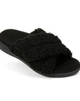 Women's Vionic Relax II Slipper in black with plush terrycloth crisscross straps and cushioned footbed for supportive comfort.