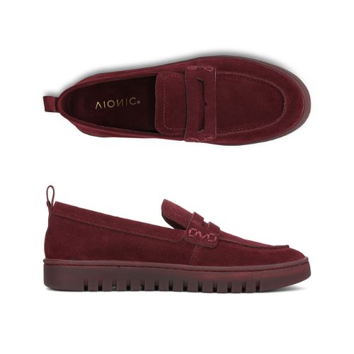 Pair of Women's Vionic Uptown Leather Loafer in burgundy suede, logo'd footbed with tonal outsole.