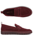 Pair of Women's Vionic Uptown Leather Loafer in burgundy suede, logo'd footbed with tonal outsole.