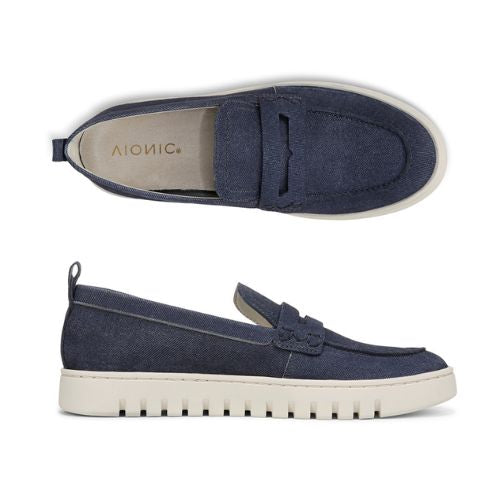 Pair of women's Leather Loafers in denim print leather, grey Vionic Logo'd  footbed with white sole.