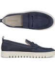 Pair of women's Leather Loafers in denim print leather, grey Vionic Logo'd  footbed with white sole.