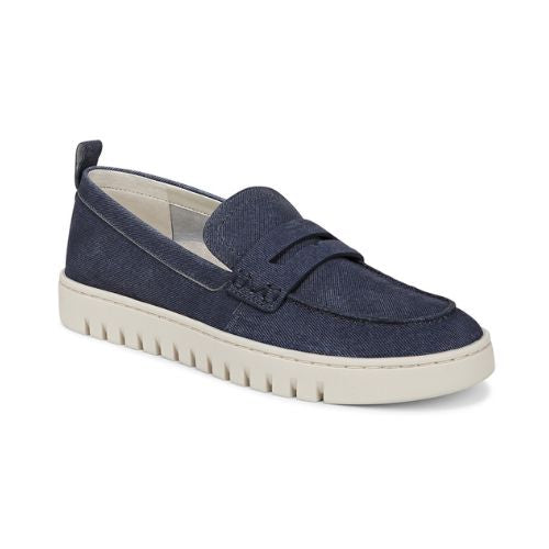 Women's Leather Loafer in denim print leather with white sole.