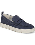 Women's Leather Loafer in denim print leather with white sole.