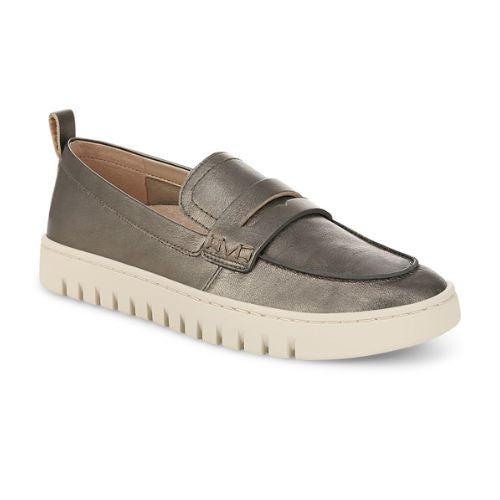 Women's Leather Loafer in Silver metallic leather with white sole.