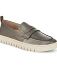 Women's Leather Loafer in Silver metallic leather with white sole.