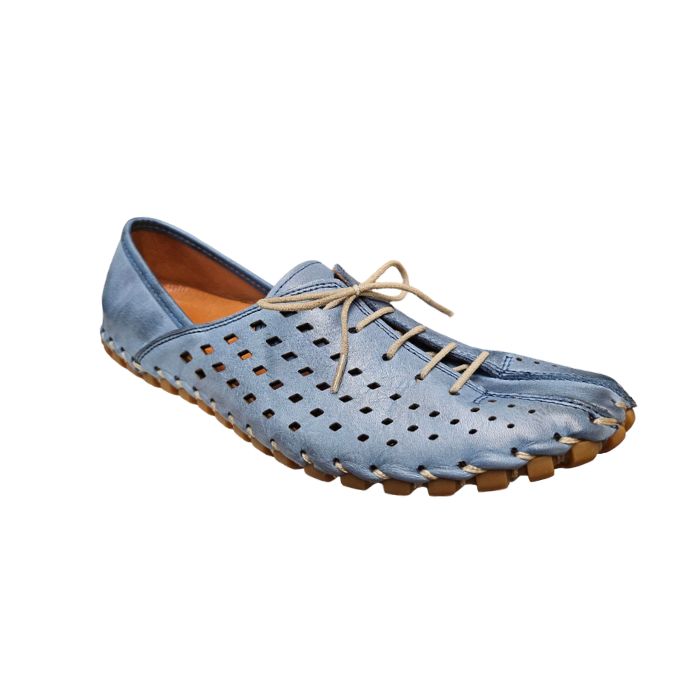 Women's blue leather elastic lace shoe with square perforated upper and stitched sole.