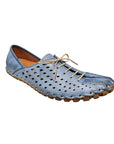 Women's blue leather elastic lace shoe with square perforated upper and stitched sole.
