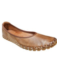 Brown leather ballet flat with tan footbed and off-white accent stitching to attach rubber outsole.