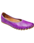 Purple leather ballet flat with tan footbed and off-white accent stitching to attach rubber outsole.