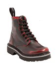 Black and red burnished combat style ankle boot with pull tab and thick black treaded outsole.