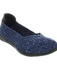 Women's Bernie Mev Catwalk Ballet Flat in navy blue with elastic woven upper and cushioned memory foam insole for stylish comfort.
