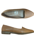 Pair of beige leather flats with swoop vamp, Beuno logo'd footbed and brown slight heel lift outsole.