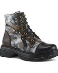 Women's L'Artiste Carnelian Combat Leather Boot in gray camo with bronze accents, side zipper, and chunky sole for a bold, urban look.