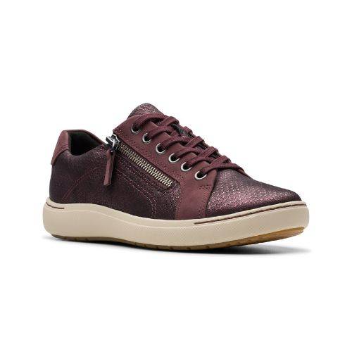 Nalle sneaker in wine. Burgundy reptile print leather uppers with nubuck accents. Six eyelet lace closure and side zipper with silver hardware. White midsole.